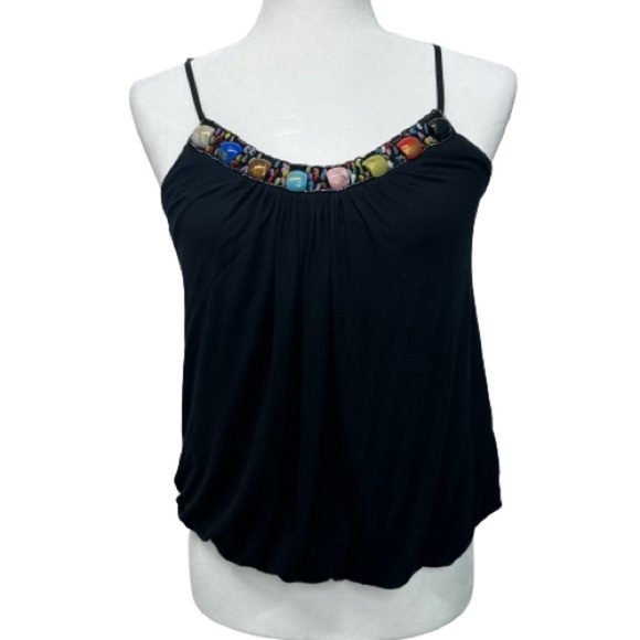 Twentyone Black Sleeveless Top Beaded Neckline Bohemian Boho,100% Rayon Sz Large - Picture 1 of 7